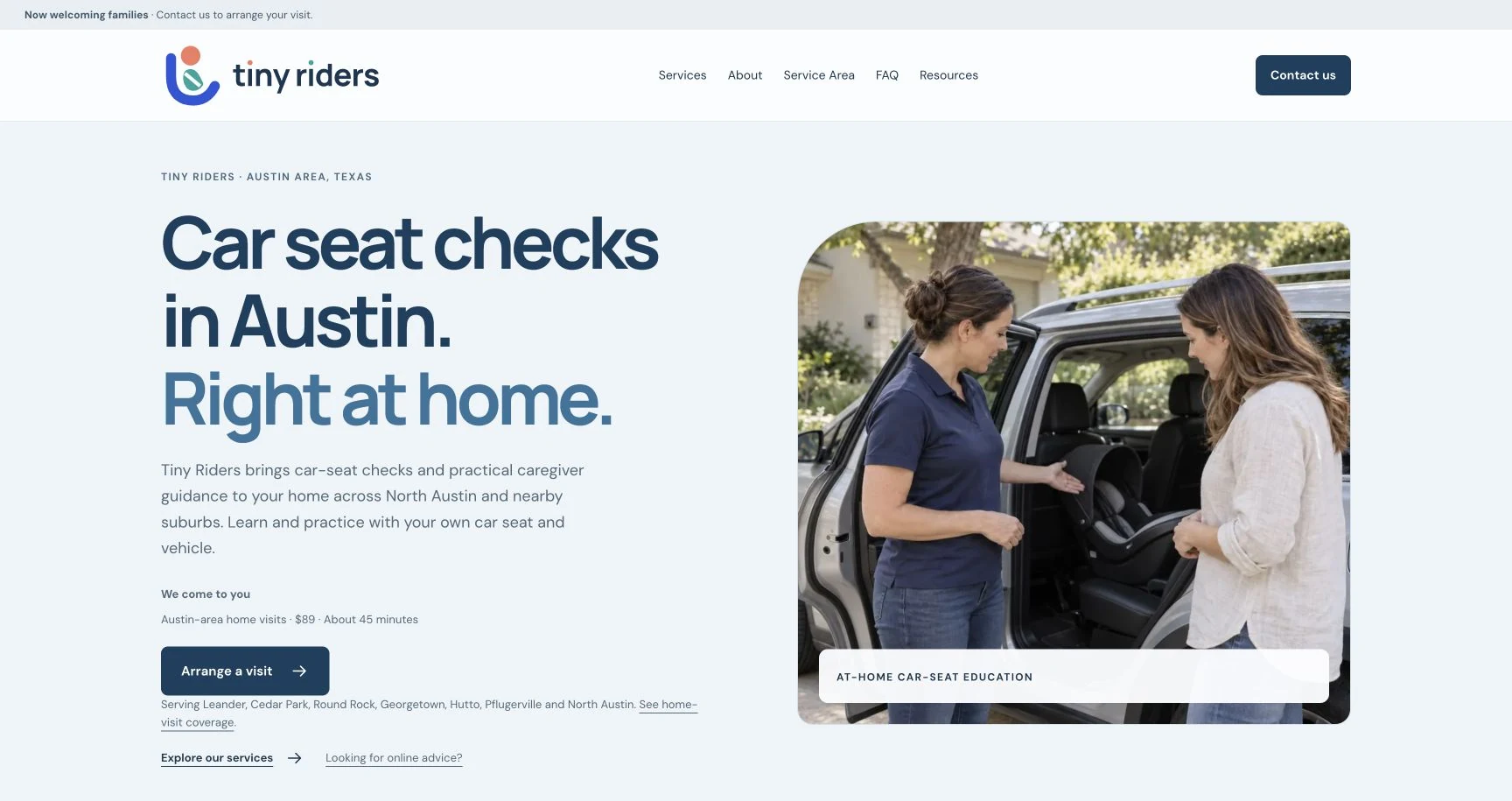 The Tiny Riders website we built for an Austin-area car-seat guidance service.