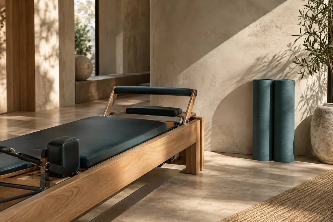 Wooden reformer and mats in a sunlit Pilates studio
