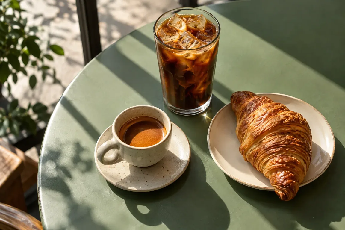 Coffee and a croissant on a sunlit café table