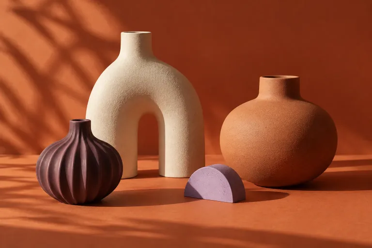 Cream, terracotta and plum ceramic vases against a warm clay backdrop