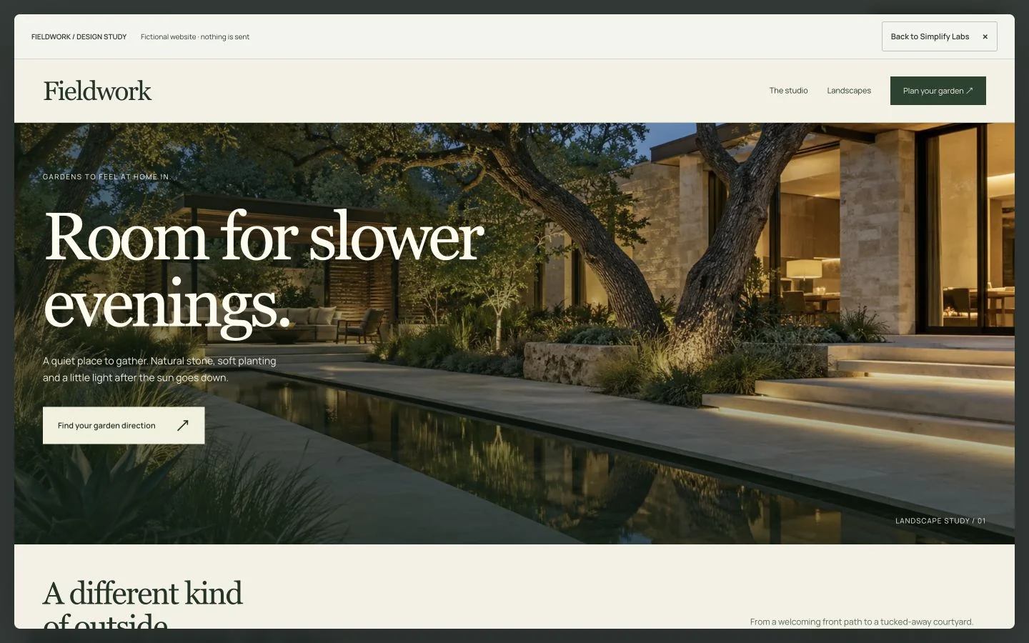 Fieldwork landscape website on desktop, with a courtyard image and the heading Room for slower evenings.